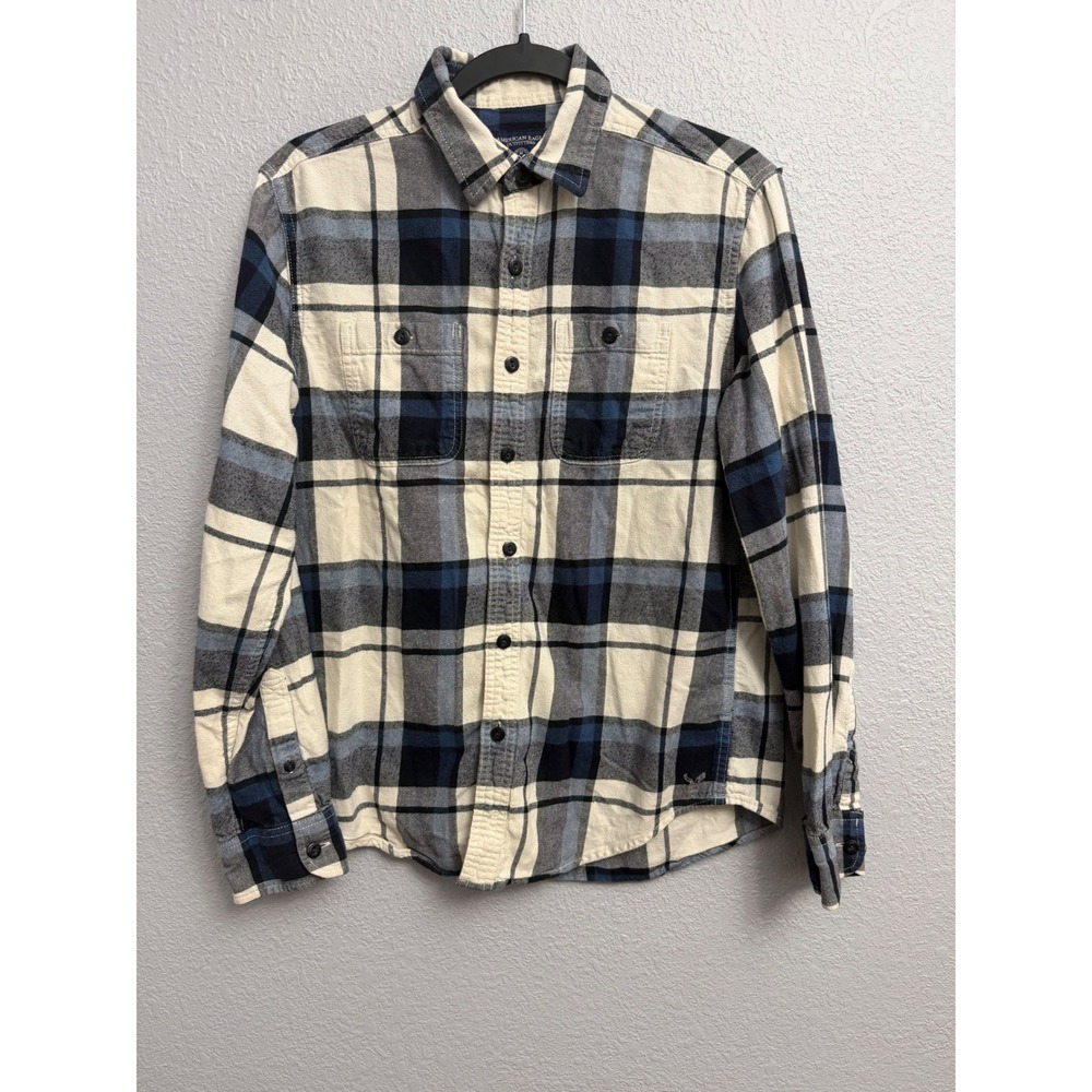 American Eagle Outfitters Blue Cream Plaid Flannel Shirt Prep Fit Small Button
